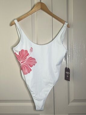 White One-Piece Swimsuit with Pink Floral Print hibiscus - Hawaiian Tropic